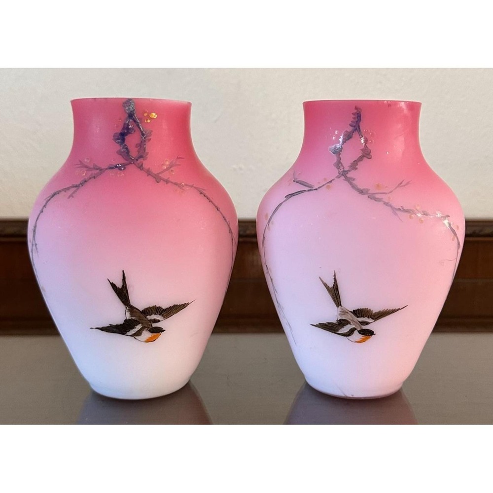 Vintage Pink Satin Glass Vases Pair Hand Painted Swallow Bird Floral Art Glass